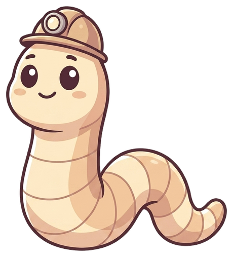 Wormy, a small brave worm in a miner's hard-hat